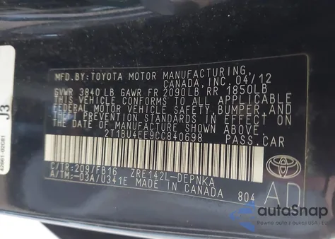 2012 Toyota Corolla Le from USA, damaged, VIN 2T1BU4EE9CC840698
